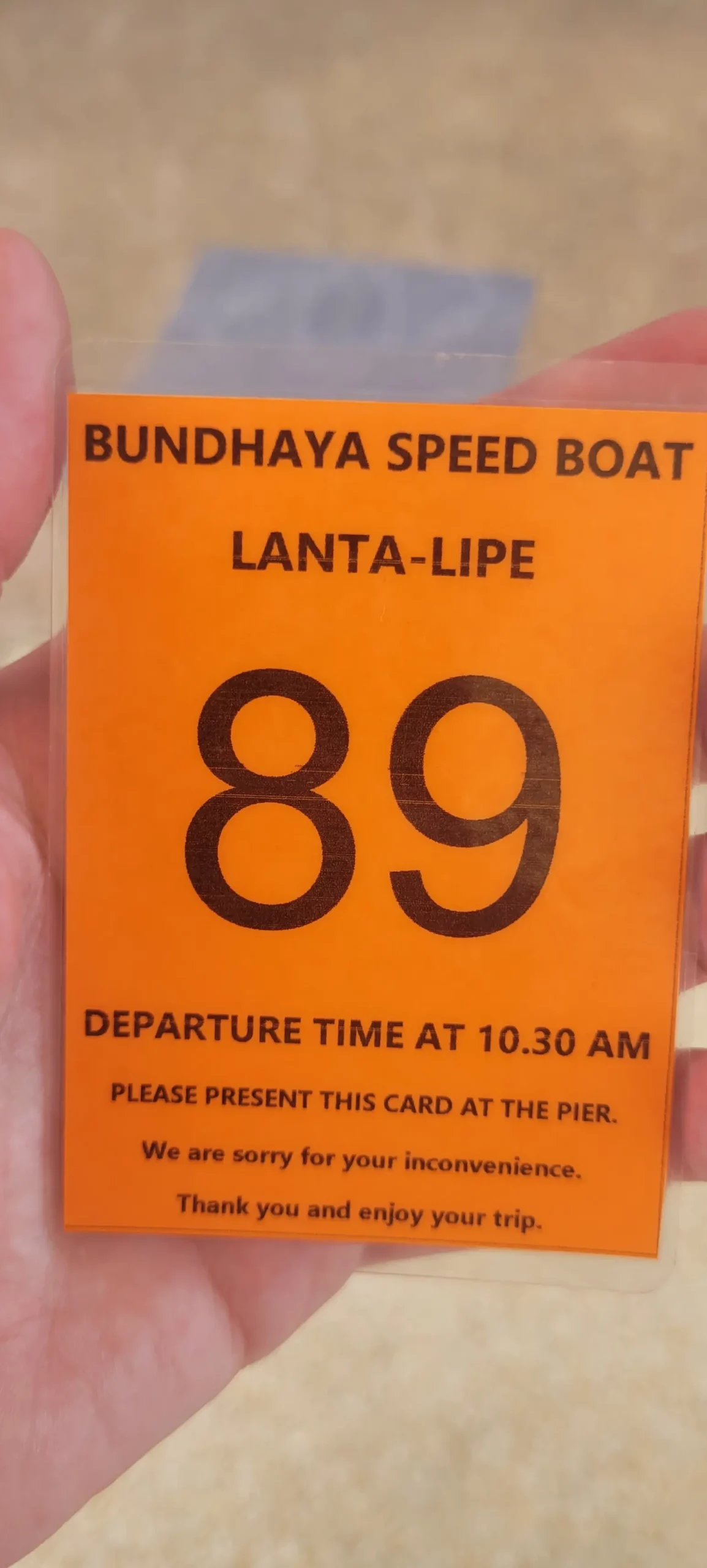 Boarding Pass for the speedboat from Saladang pier Koh Lanta to Koh Lipe. This is issued at the pier