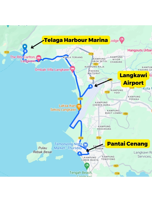 Langkawi Airport to Telaga-Harbour Map